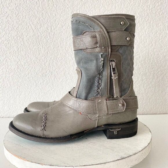 Lane Boots Womens Gray Leather Canvas Mid-Calf Western Moto Style Zip Size 7.5 - Picture 4 of 11